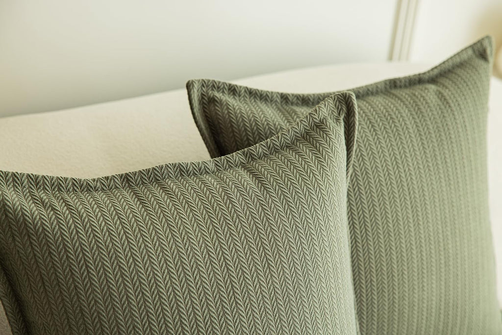 Set of 2 Cozy Striped Herringbone Flange Throw Pillow Covers, Aesthetic Embossed Pattern Pillow Covers for Couch and Bed - 18"x18", Sage Green