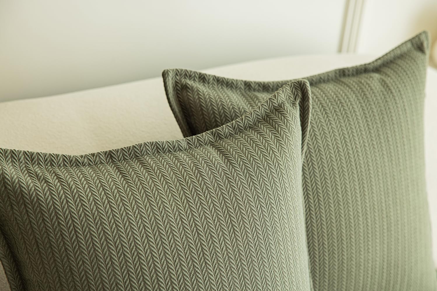 Set of 2 Cozy Striped Herringbone Flange Throw Pillow Covers, Aesthetic Embossed Pattern Pillow Covers for Couch and Bed - 18"x18", Sage Green