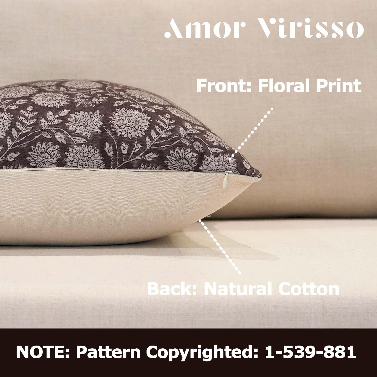 Amor Virisso Floral Pillow Covers 18x18 Throw Pillow Covers Vintage Block Print Pillow Cover Neutral Couch Pillows for Living Room Farmhouse Decorative Accent Sofa Pillows, Dark Brown