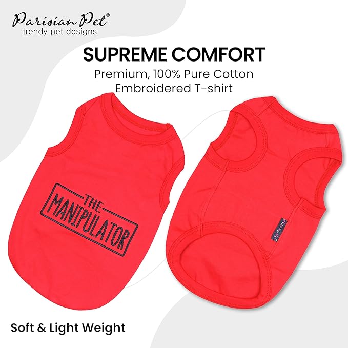 Parisian Pet Dog Tshirt - Embroidered “ Manipulator “ Tank Top - Breathable and Lightweight Dog Clothes - Sleeveless Red Tee Shirts - Machine Washable Shirt for Small Dogs - S