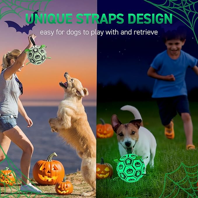 QDAN Glow in The Dark Halloween Dog Toys, Dog Ball with Straps, Soccer Ball for Dogs, Outdoor Dog Toys, Dog Birthday Gifts, Halloween Pet Toys for Medium to Large (8Inch)
