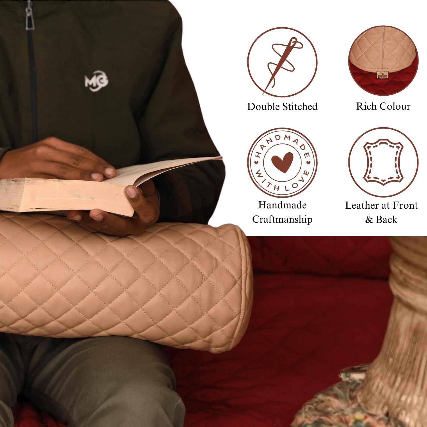 Neck Roll Pillow Cushion Cover, 24x5 Inch Full Moon Round Bolster Pillow Case, Cylinder Soft Lambskin Leather Pillowcase for Head, Spine & Neck Support During Sleep - Quilted Beige Pack of 2