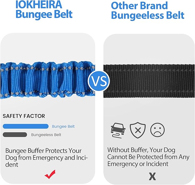 IOKHEIRA Dog Seatbelt - Adjustable Reflective Bungee Car Seatbelt with Aluminum Swivel Carabiner