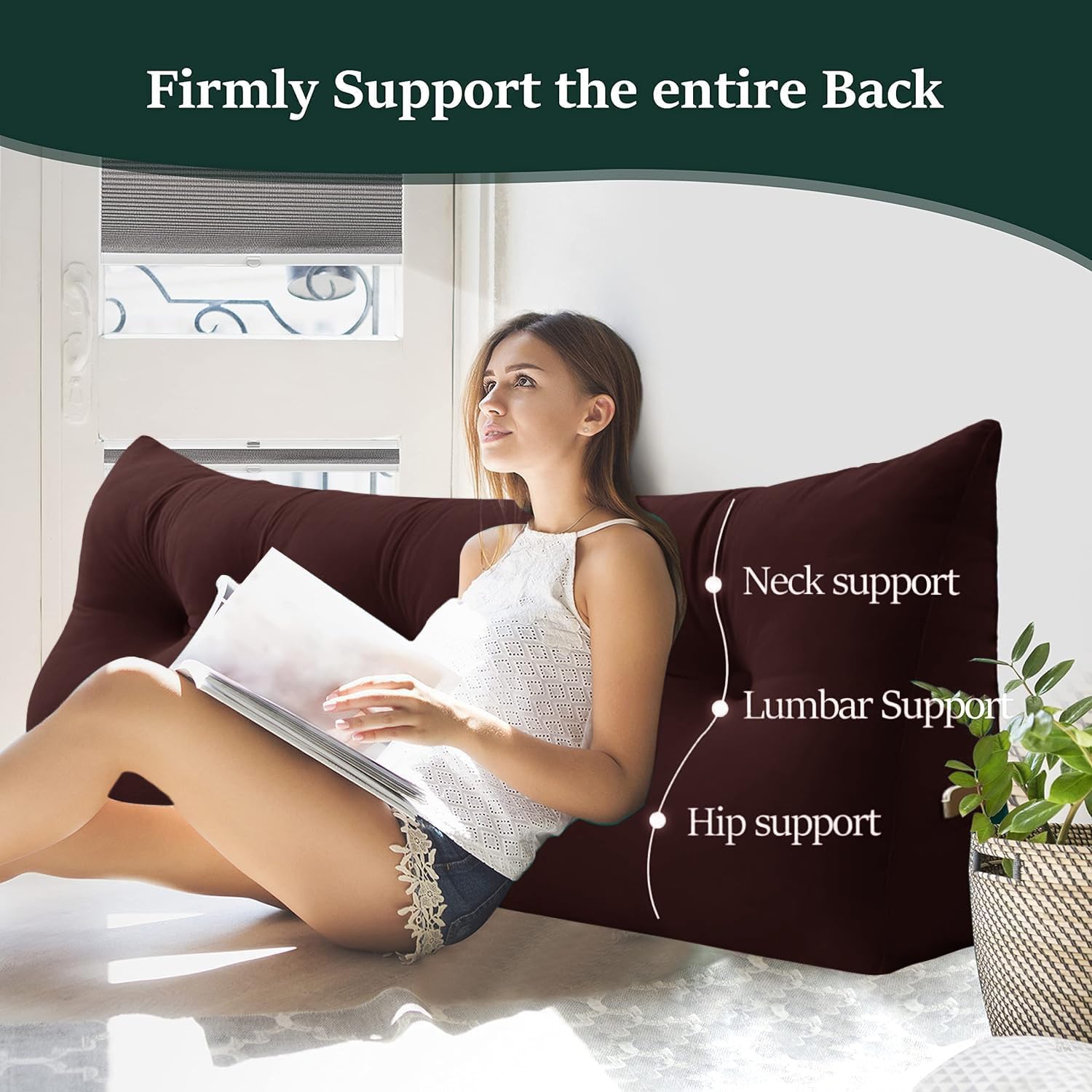 Bed Wedge Headboard Pillow - College Dorm Reading Pillow Back Support While Sitting in Bed - Ergonomic Lumbar Pillow Body Positioning Bed Pillow - Velvet Maroon 54IN