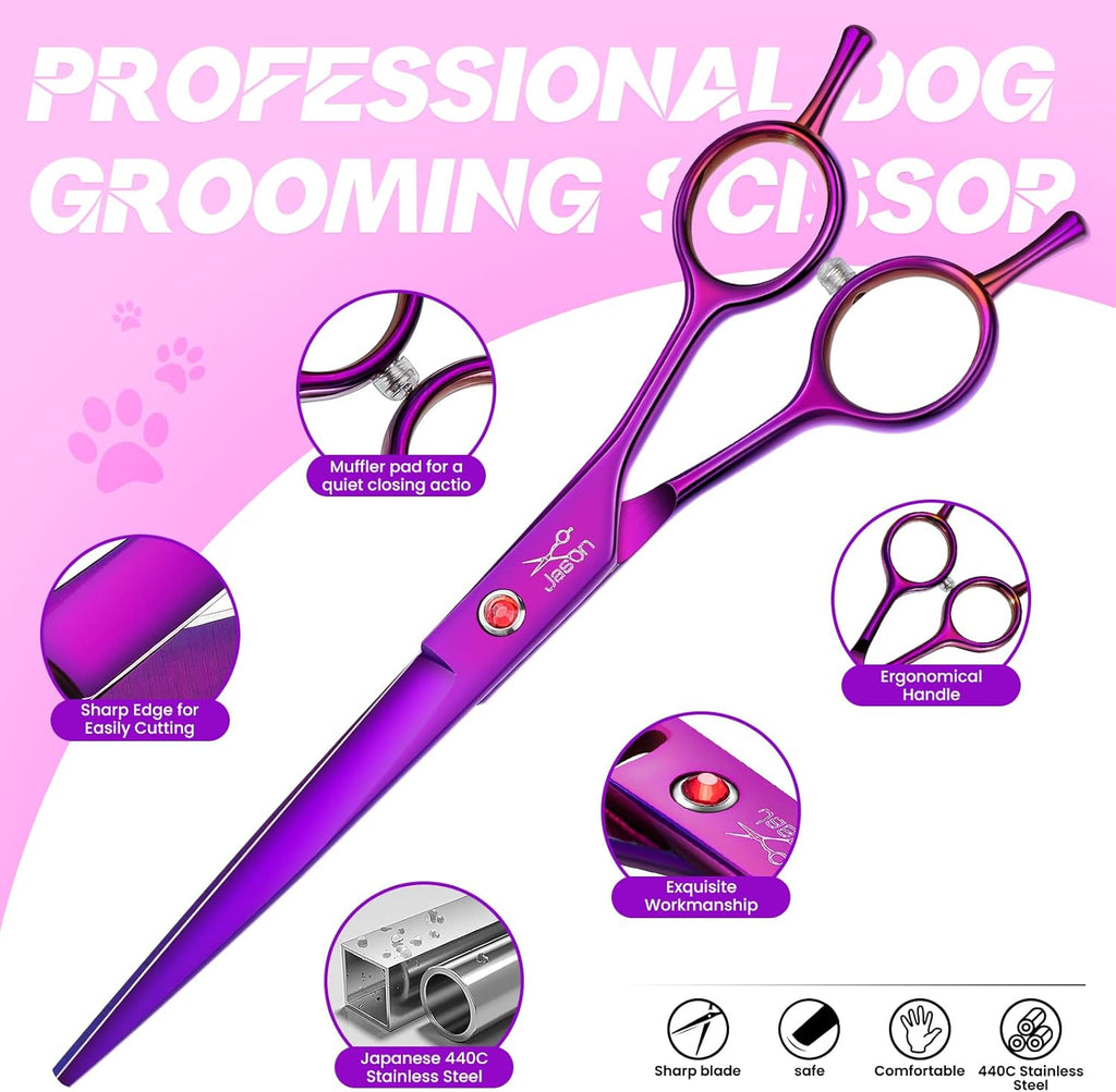 JASON Dog Grooming Scissors Kit, Professional 6 in 1 Dog Scissors Sharp Shears Set - Straight, Thinning, Chunker, Curved Shears and Comb for Long Short Hair for Dog Cat Pet