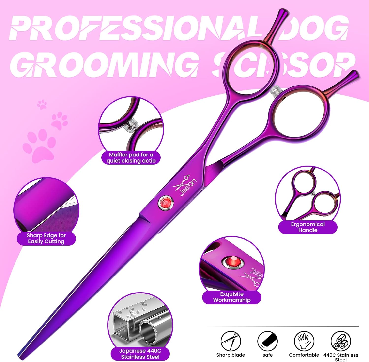 JASON Dog Grooming Scissors Kit, Professional 6 in 1 Dog Scissors Sharp Shears Set - Straight, Thinning, Chunker, Curved Shears and Comb for Long Short Hair for Dog Cat Pet
