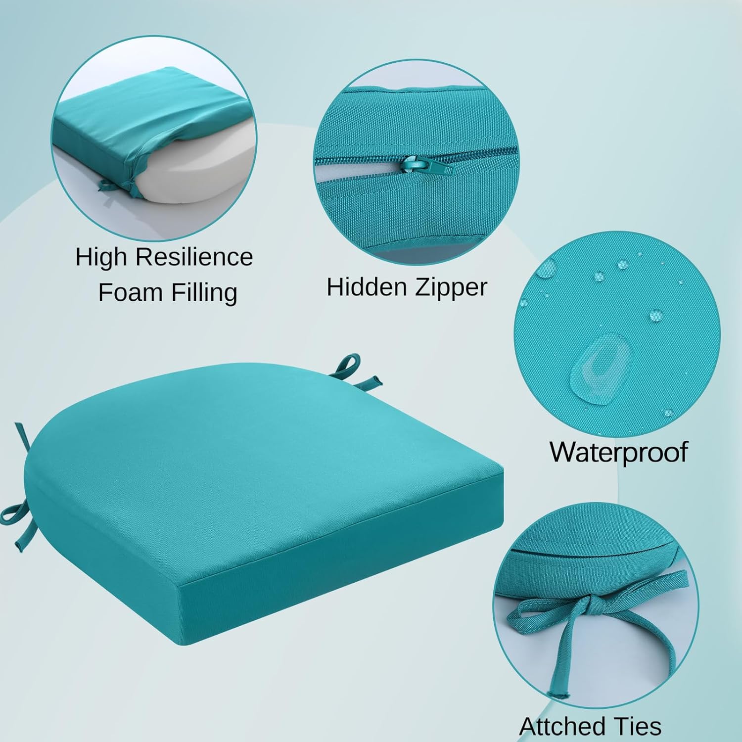 idee-home Outdoor Chair Cushions Set of 4, Thick 17" x 17" x 3" Patio Chair Cushions for Outdoor Furniture Waterproof with Ties, Seat Cushion, Patio Chair Pads Dining Chair Blue