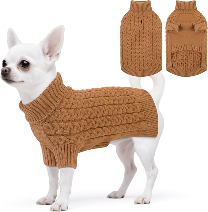 SAWMONG Dog Sweater, Dog Sweaters for Small Dogs Girls Boys, Pullover Turtleneck Knitted Doggy Sweatshirt, Cold Weather Pet Clothes（Khaki, X-Small