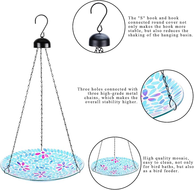 VCUTEKA Hanging Bird Bath, Glass Mosaic Bird Baths for Outdoors Birdfeeder with 21 inch Rust-Proof Chain for Garden Yard Decor, Flower