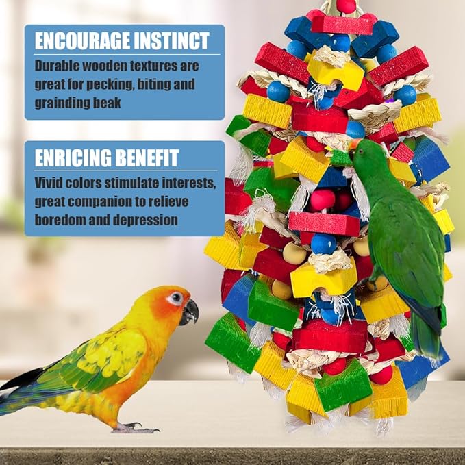 Parrot Toys for Large Birds, Multicolored Wooden Blocks Bird Chewing Toy Parrot Cage Bite Toy for Macaws Cokatoos African Grey and Large Medium Parrot Birds (Block)