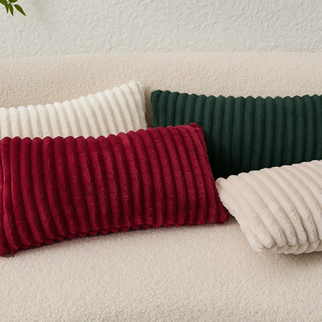 Kevin Textile Christmas Soft Plush 14x24 Inch Lumbar Pillow Cover 1 Pack, Luxury Fluffy Faux Fur Striped Flannel Rectangle Cushion Case for Couch Sofa Chair Bed Home Decor, Dark Green