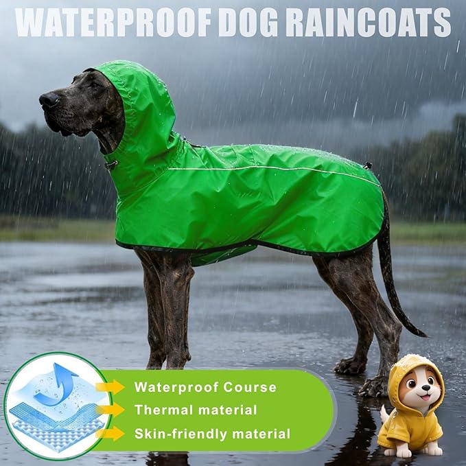Mosucoirl Dog Raincoat Jacket Reflective Adjustable Hooded Pet Poncho Rain Coats with Leash Hole Waterproof Clothes for Small Medium Large Dogs (Green, XXL)