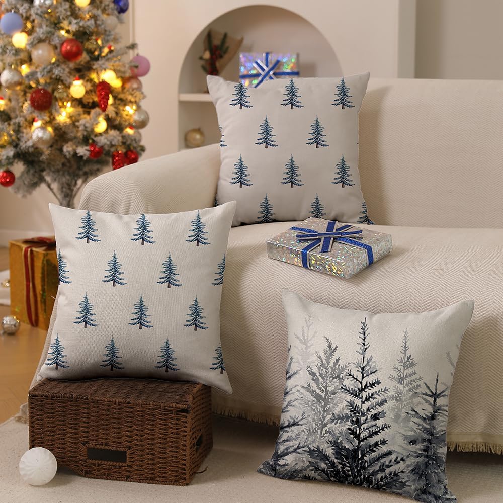 DFXSZ Christmas Pillow Covers 20x20 inch Set of 2 Winter Blue Christmas Tree Decorative White Throw Pillow Covers Winter Famliy Decoration for Home Couch TH-30M20