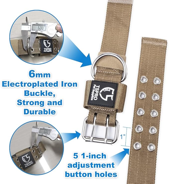 TSPRO Tactical Dog Collar, Adjustable, with Patch & Double Needle Metal Buckle, Heavy Duty for Large to Extra Large Dogs, Durable for Walking, Running, Hiking & Training (Khaki L-XL)