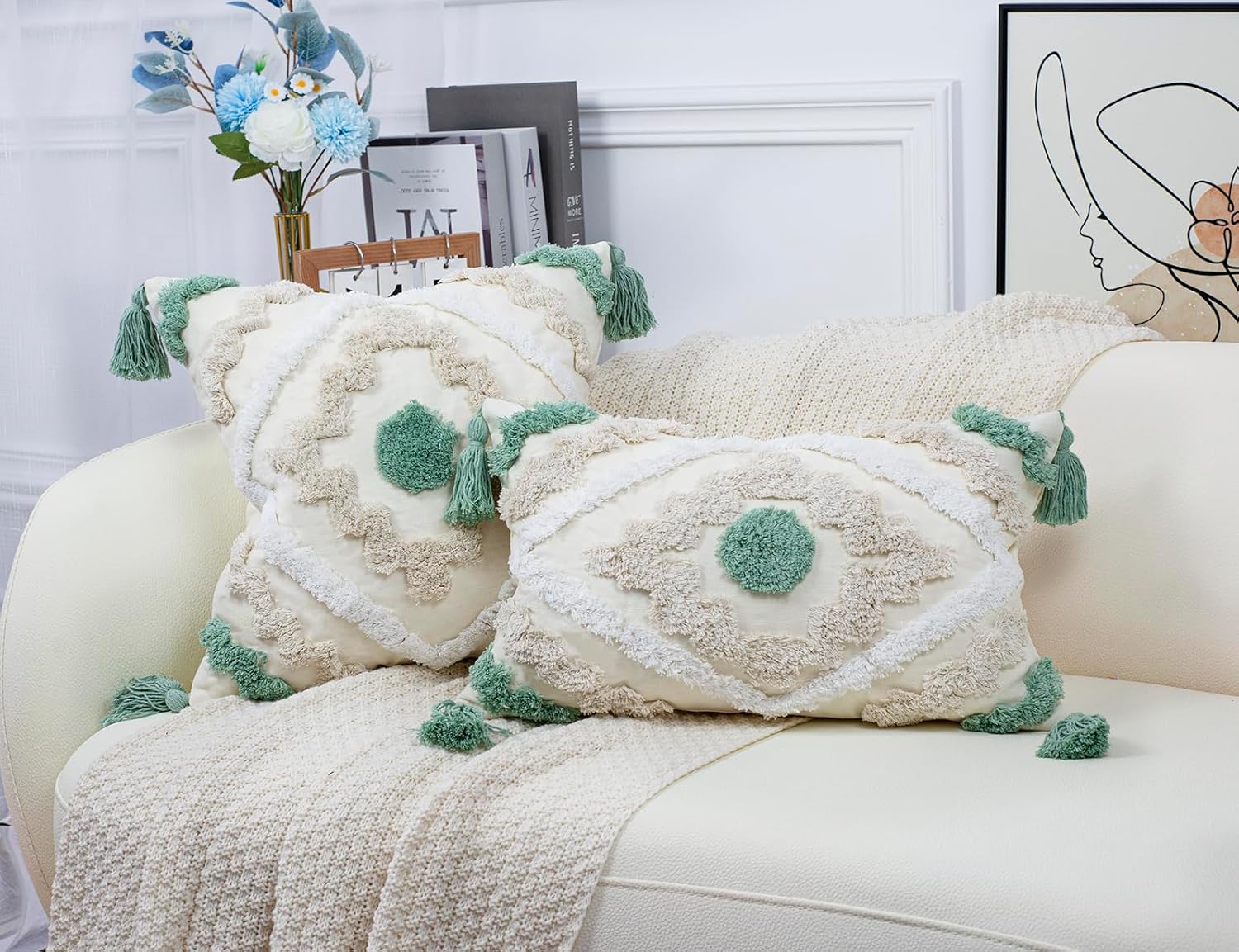 Decorative Farmhouse Throw Pillow Covers 18 x 18,Modern Neutral Couch Pillow Cover,Cotton Checked Pattern Boho Square Pillow Case Cover for Couch Bed Sofa Bedroom,Green&Beige&White