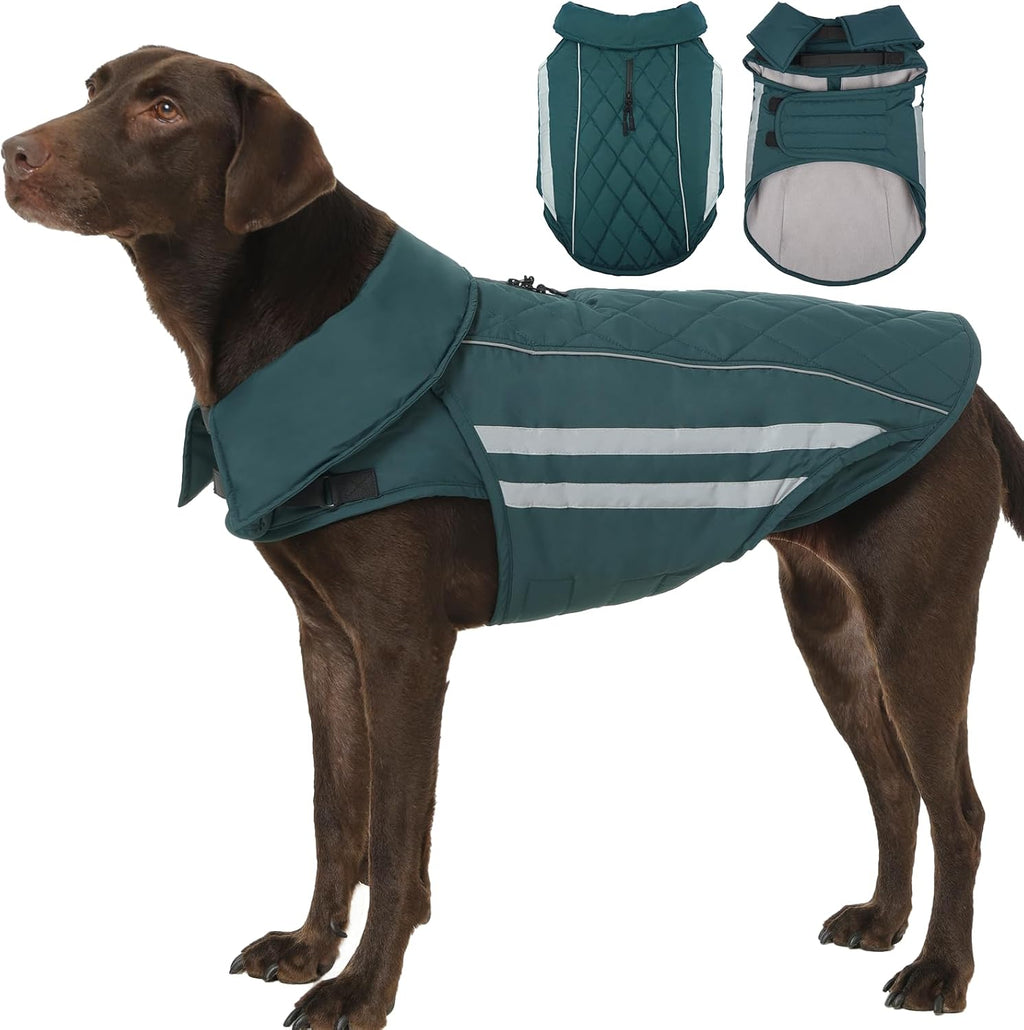 Dog Jacket for Large Dogs Winter Coat with Harness Hole Waterproof Reflective Turtleneck Snowsuit Adjustable Hook & Loop Cold Weather Coats for Dogs Border Collie Pitbull, Green 2XL