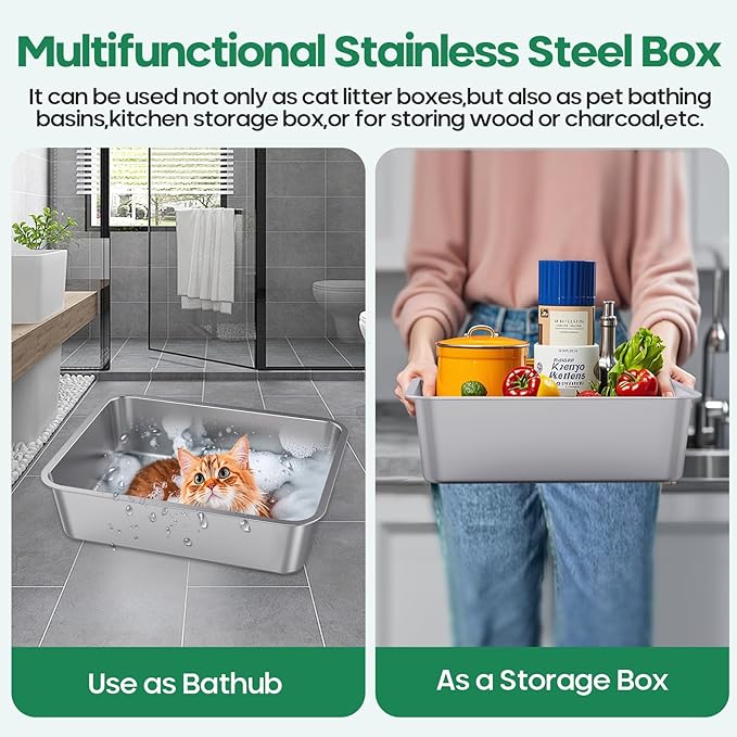 2PCS Stainless Steel Cat Litter Box,Metal Kitten Litter Pan, 6inch High Side Cats Toilet Indoor Litter Tray Pet Toilet Supplies for Cats, Kitty,Rabbits, Easy Clean, Non Stick Litter Box, No Smell