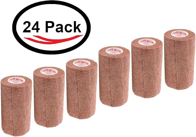 4 Inch Vet Wrap Tape Bulk (Brown) (Pack of 24) Self Adhesive Adherent Adhering Flex Bandage Grip Roll for Dog Cat Pet Horse
