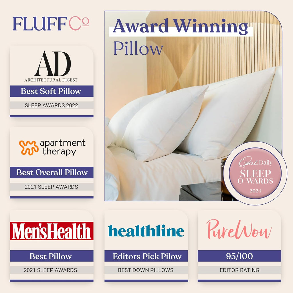 FluffCo Zen Fluff™ Down Standard/Queen Pillow with 600 Fill Power White Duck Down Stomach Sleeper Pillows - Luxury Hotel Quality 300 Thread Count - 100% Cotton Feather Pillows (Soft Queen Size 1 Pack)