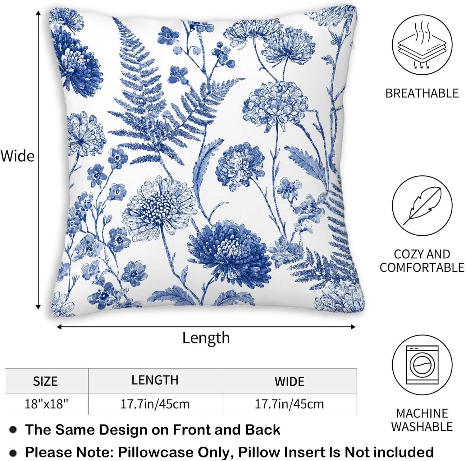 Throw Pillow Covers 18x18 Set of 2, Summer Floral Cushion Covers, Decorative Square Pillowcases for Couch, Bedroom, Living Room