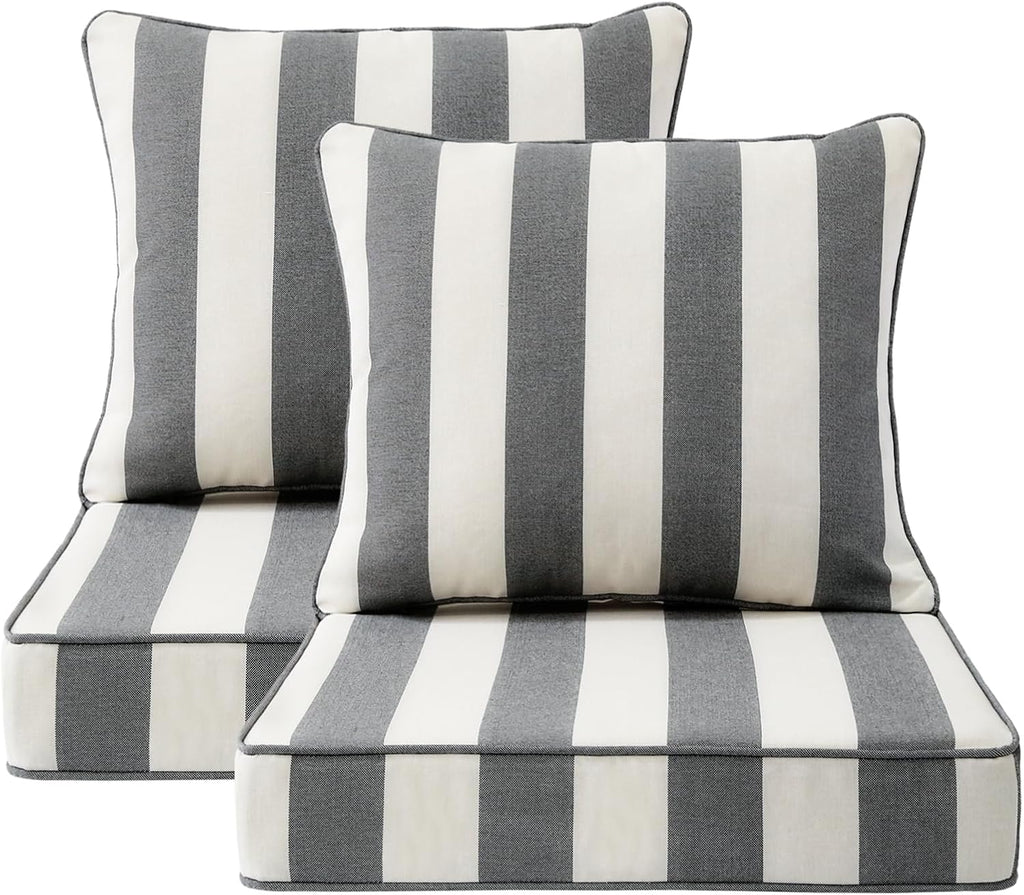 Outdoor Patio Chair Cushions Set, 24" x 24", Set of 2, Water-Repellent, Fade Resistant, Deep Seat Bottom and Back Cushion for Backyard, Couch, Sofa and Patio Furniture, Gray Stripe