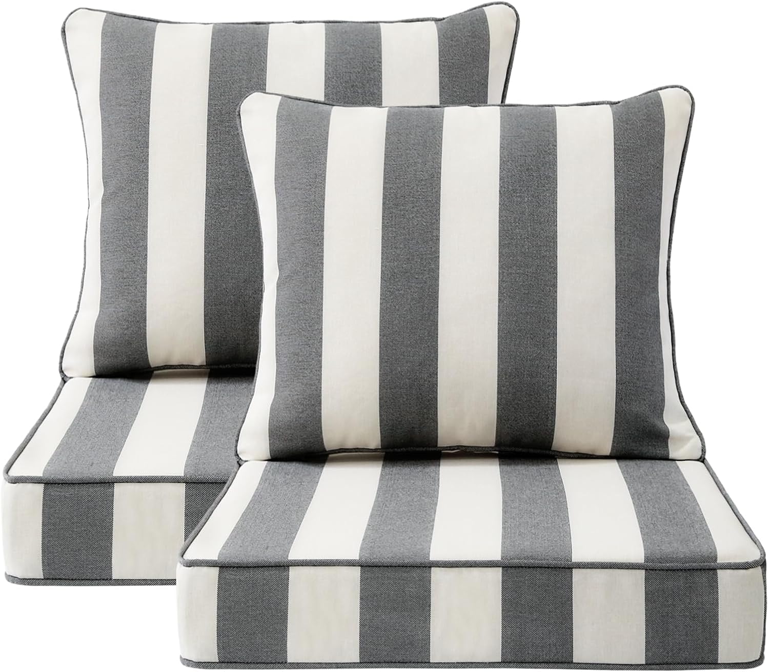 Outdoor Patio Chair Cushions Set, 24" x 24", Set of 2, Water-Repellent, Fade Resistant, Deep Seat Bottom and Back Cushion for Backyard, Couch, Sofa and Patio Furniture, Gray Stripe