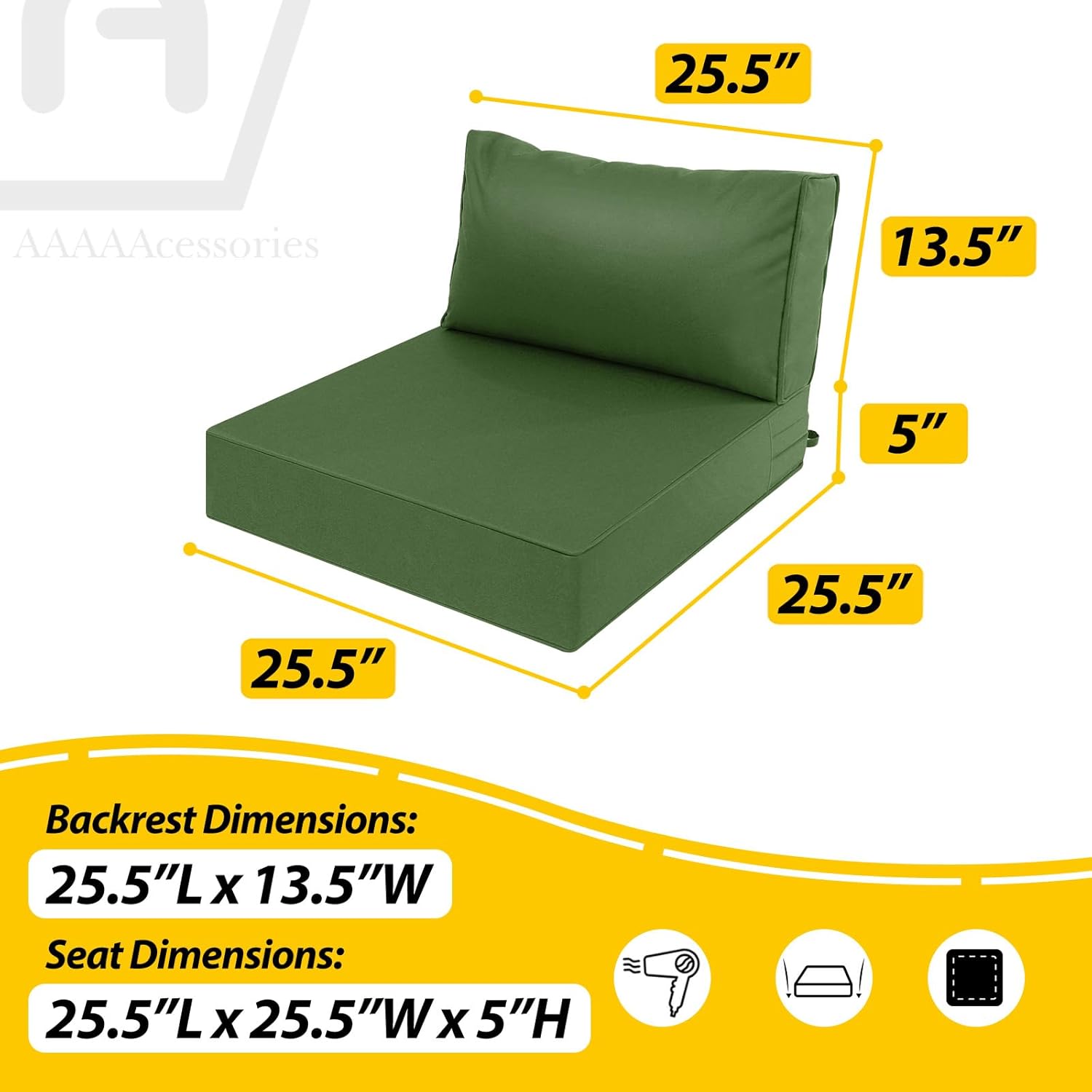 AAAAAcessories Outdoor Deep Seat Cushions, Waterproof, Fade-Resistant Patio Furniture Replacement Cushions, 25.5" x 25.5" x 5" + 25.5" x 13.5", Dark Moss Green