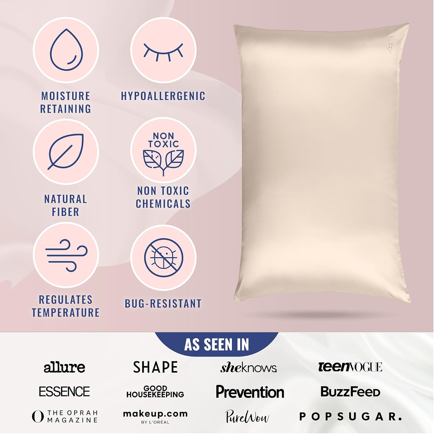Blissy Silk Pillowcase - 100% Pure Mulberry Silk - 22 Momme 6A High-Grade Fibers - Silk Pillow Cover for Hair & Skin - Regular, Queen & King (Champagne, Queen)
