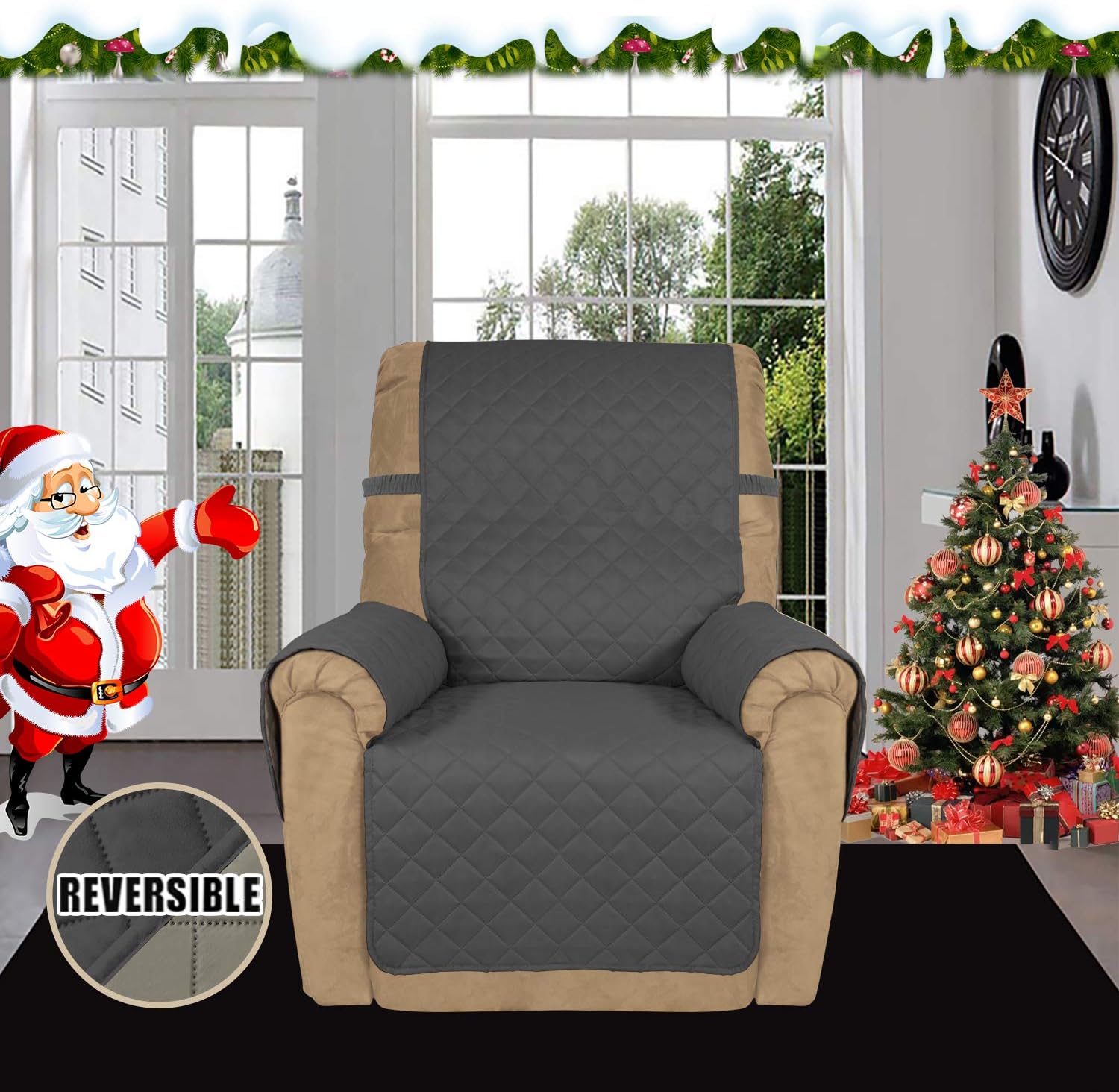 Easy-Going Recliner Sofa Slipcover Reversible Sofa Cover Water Resistant Couch Cover Furniture Protector with Elastic Straps for Pets Kids Children Dog Cat (Recliner, Dark Gray/Beige)