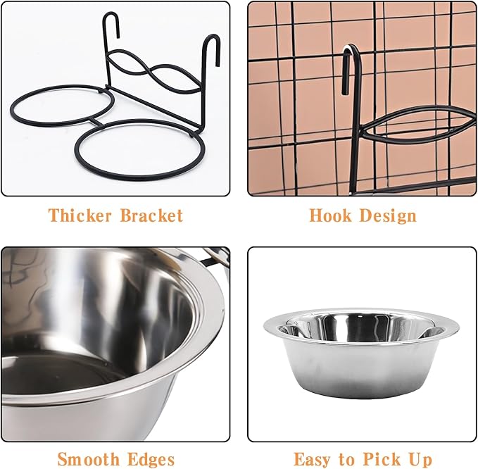 kathson Stainless Steel Bird Bowls for Cage, 2 PCS Metal Pet Food Water Dishes with Holder Feeder Cage Coop Hook Feeder Cups for Birds, Parrots, Small Sized Dogs and Cats (6.7 Inch Dia)