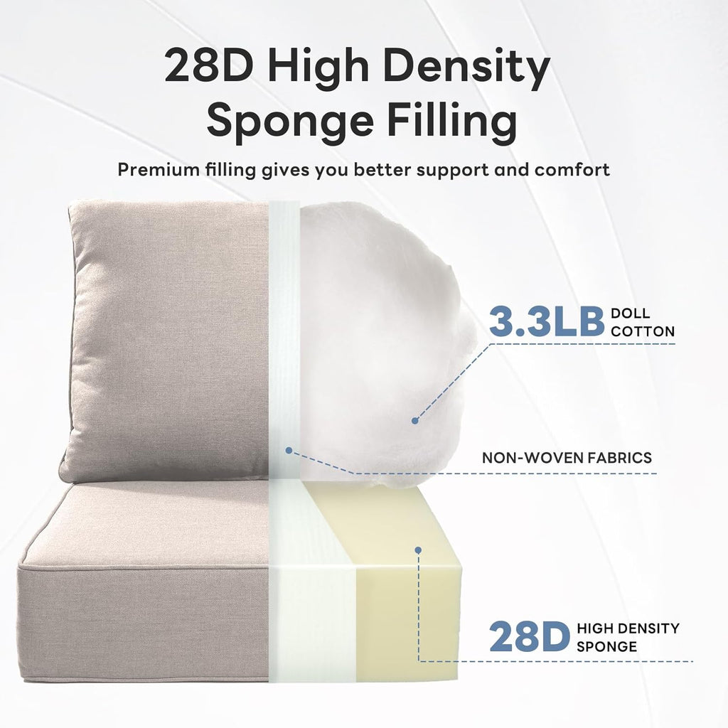 6" Thicker Outdoor Chair Cushion 8 Sets - 24" *24" *6" Waterproof Patio Furniture Cushions with Removable Cover, 28D High Density Sponge Filling Thicken Outdoor Patio Cushions - Beige