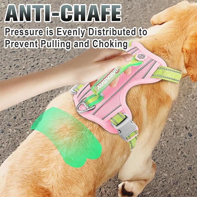 BARKBAY No Pull Dog Harness Large Reflective Dog Harness with Front Clip and Easy Control Handle for Walking Training Running with ID tag Pocket(Baby Pink & Sunlight,M)