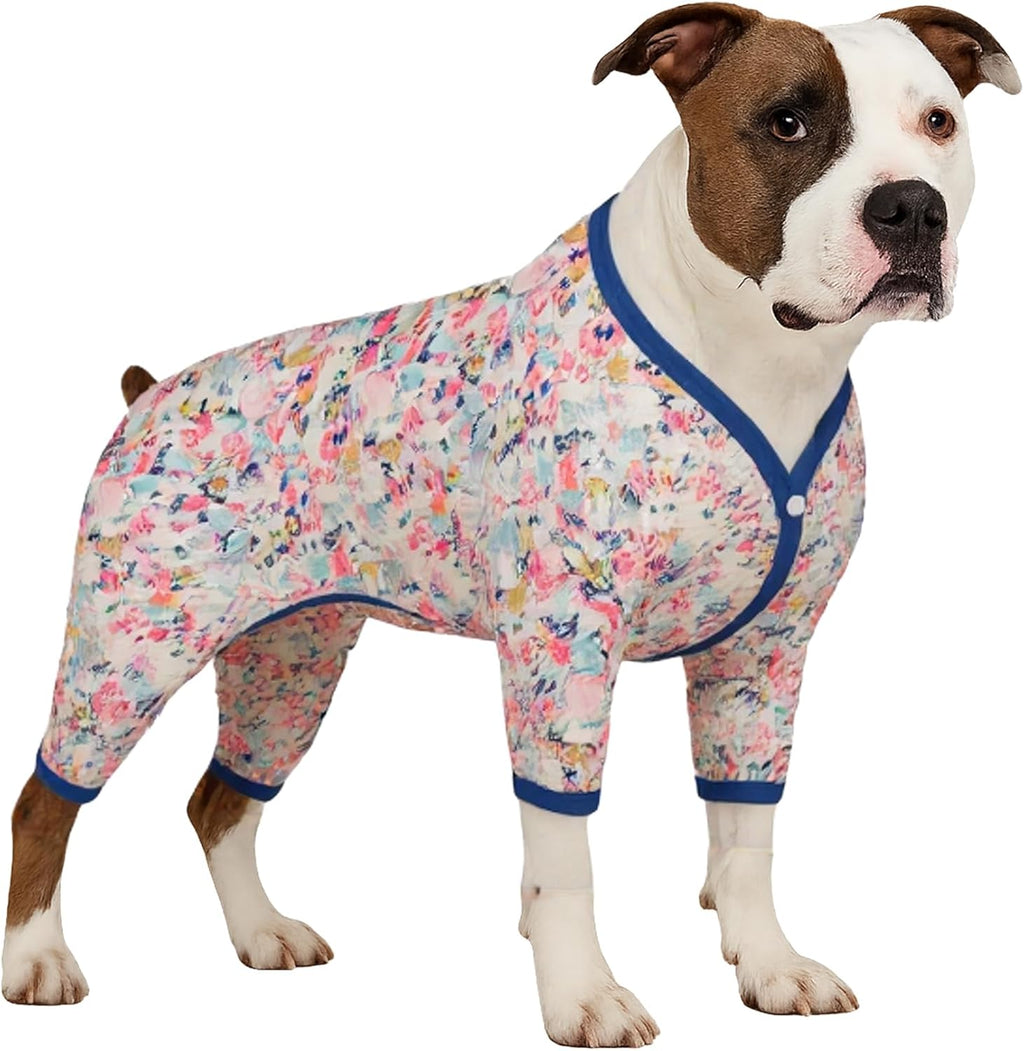 LovinPet Large Dog Clothes - Anxiety Calming Dog Shirt, Lightweight Fabric, Adorable Spring Flowers Print, Pjs for Large Dogs, Pajamas for Pitbulls, Pitbull Clothes, Pink 2XL