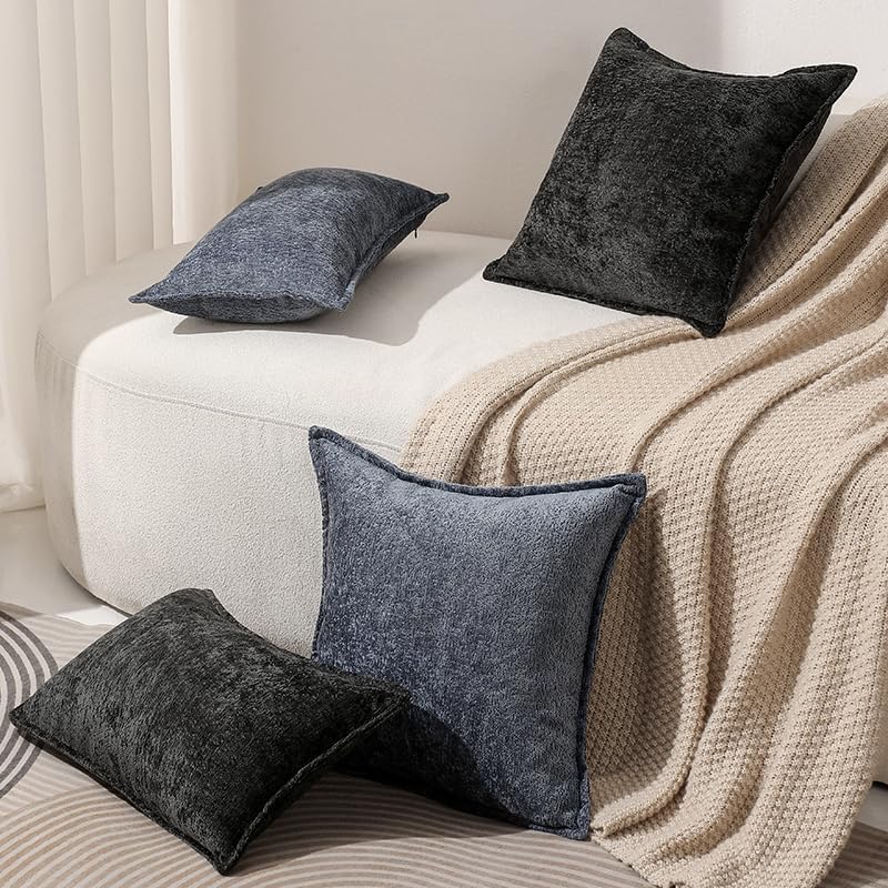 Pack of 2 Black Decorative Throw Pillow Covers 22x22 Cozy Soft Chenille Accent Vintage Square Couch Pillow Covers for Home Decor Bed Sofa Living Room