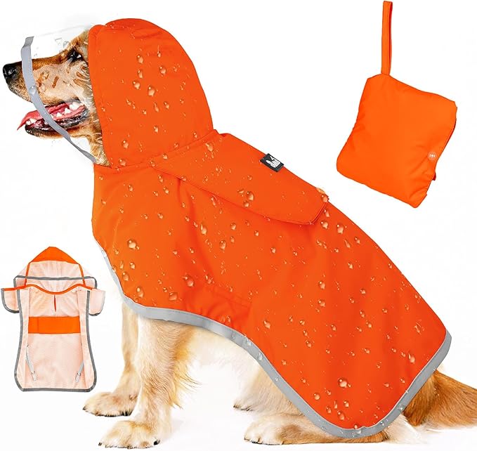 SlowTon Dog Raincoat, Adjustable Dog Rain Jacket Clear Hooded Double Layer, Waterproof Poncho with Reflective Strip Straps and Storage Pocket for Small Medium Large Dogs Puppies(OR XL)