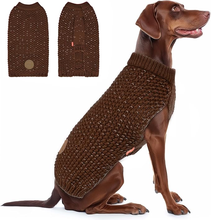 KYEESE Dog Sweater for Large Dogs with Leash Hole Warm Pullover with Reflective Yarn Male Thick Stretchy Knitwear Winter Soft Pet Coat boy for Cold Weather Comfy Dog Sweaters, Khaki, XXX-Large
