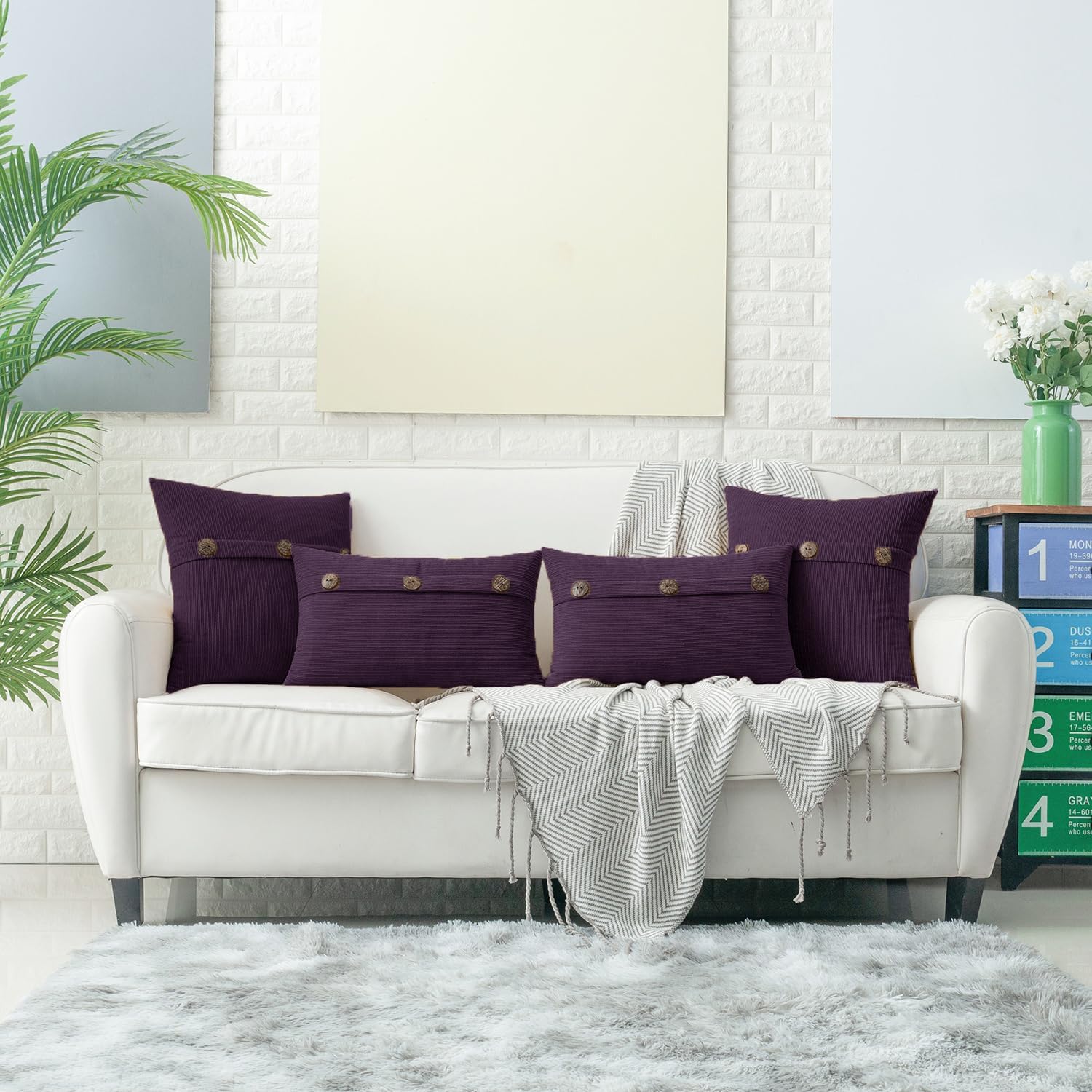 HWY 50 Purple Chenille Throw Pillow Covers 22x22 Inch with Triple Buttons, Soft Farmhouse Accent Decorative Cushion Cases for Couch Sofa Bed Living Room Pack of 2