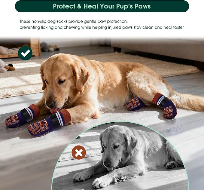 Kuoser Non Slip Dog Socks for Hardwood Floors, 4Pack Anti-Slip Dog Grippy Socks to Prevent Licking Paws, Dogs Booties Paw Protectors with Double-Sided Traction for Small Medium Large Senior Dogs, XL