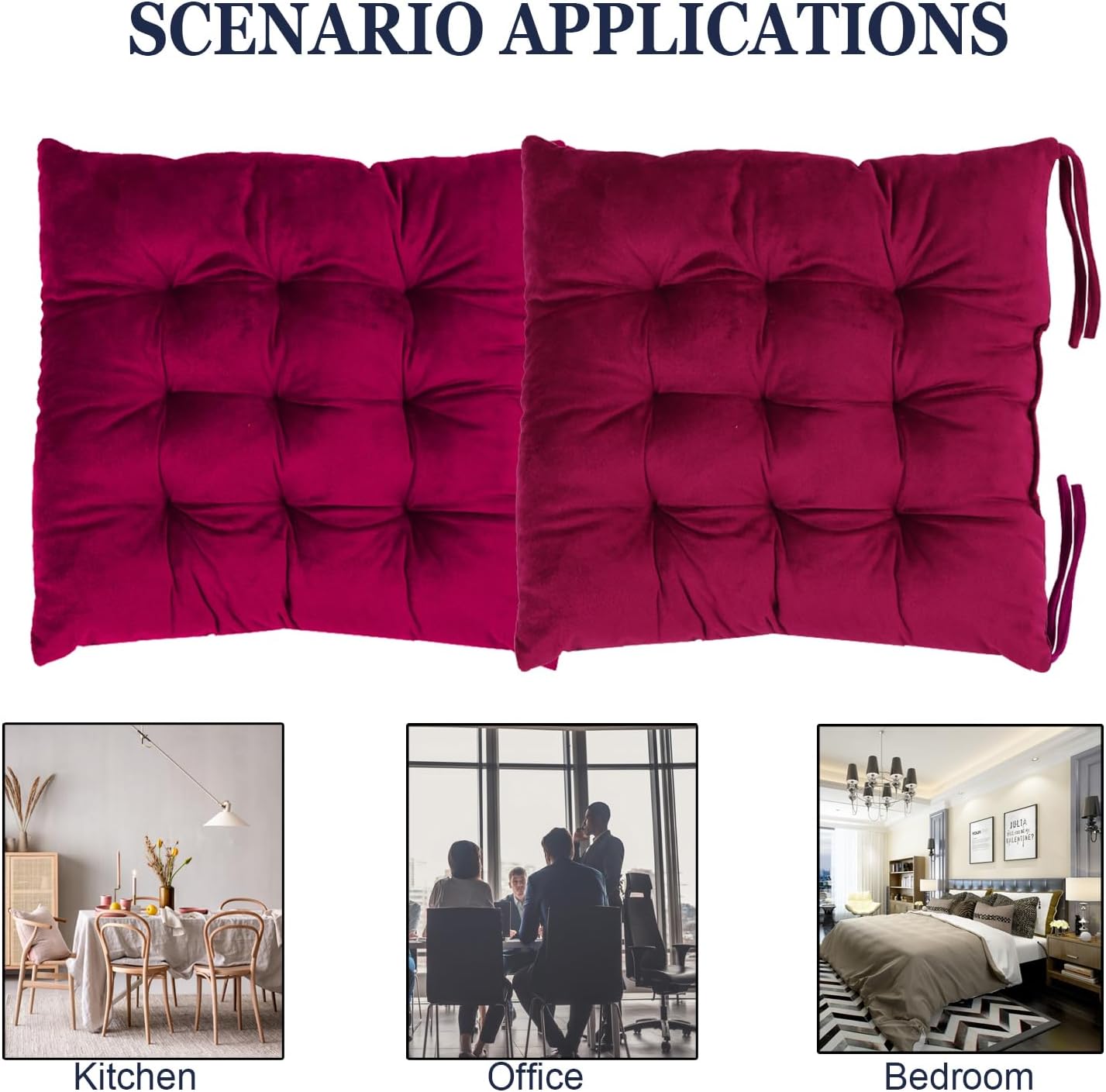 2 Pack Square Seat Cushion Chair Pads for Kitchen Dining Chairs, Soft Comfort Velvet Chair Mat Pillow Cushions with Ties for Office Desk Living Room Tatami 15.5", Burgundy