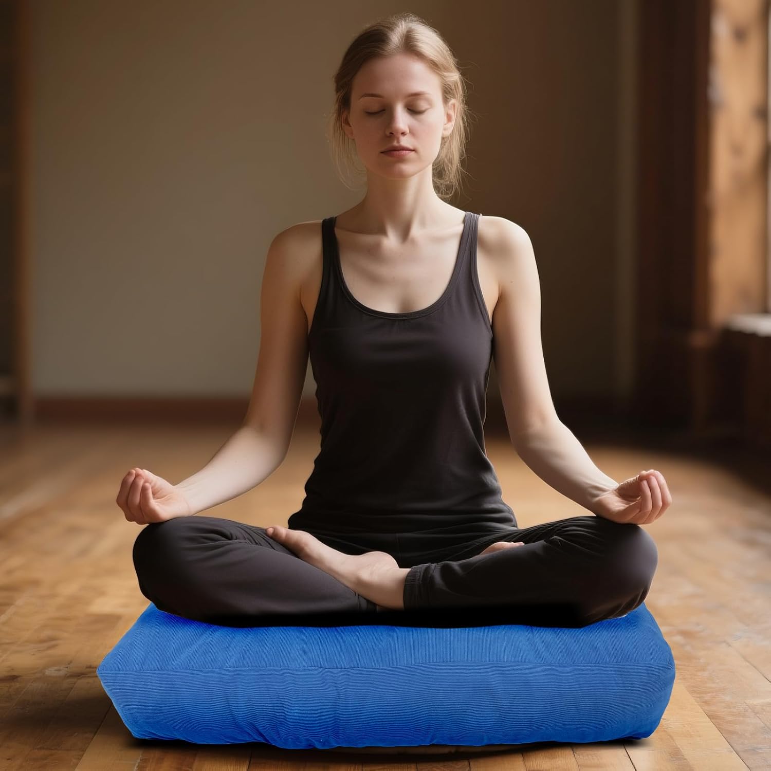 Meditation Floor Pillow Set of 2, Square Large Pillows Seating for Adults, Tufted Corduroy Cushion for Tatami Living Room, 22x22 Inch FP-Dblue