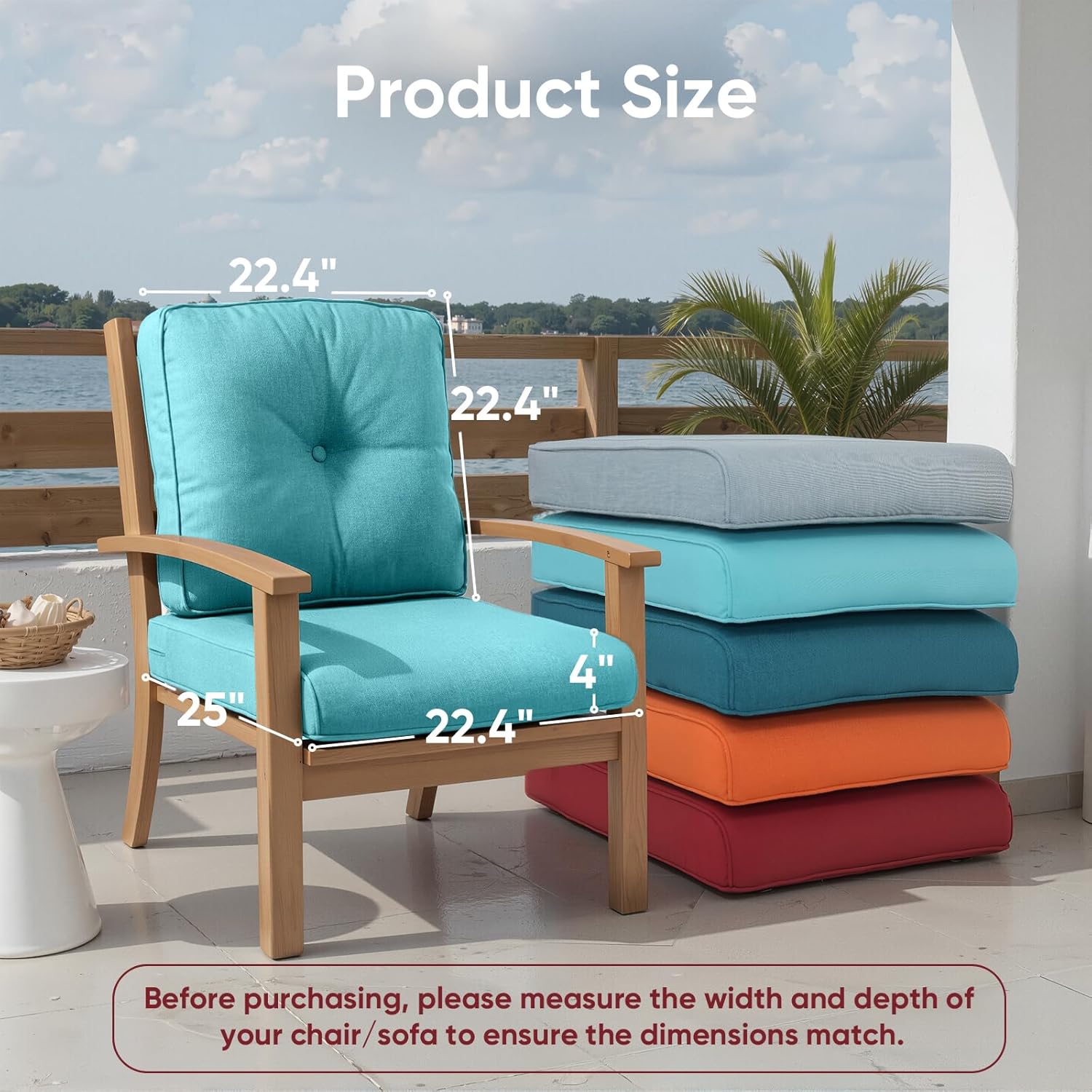 Outdoor Chair Cushion Set of 3, Waterproof Outdoor Seat Cushions 25x22 , Patio Chair Cushions for Outdoor Furniture, Couch Cushion Replacement, Include 3 Back & 3 Seat Cushions, Button/CyanBlue