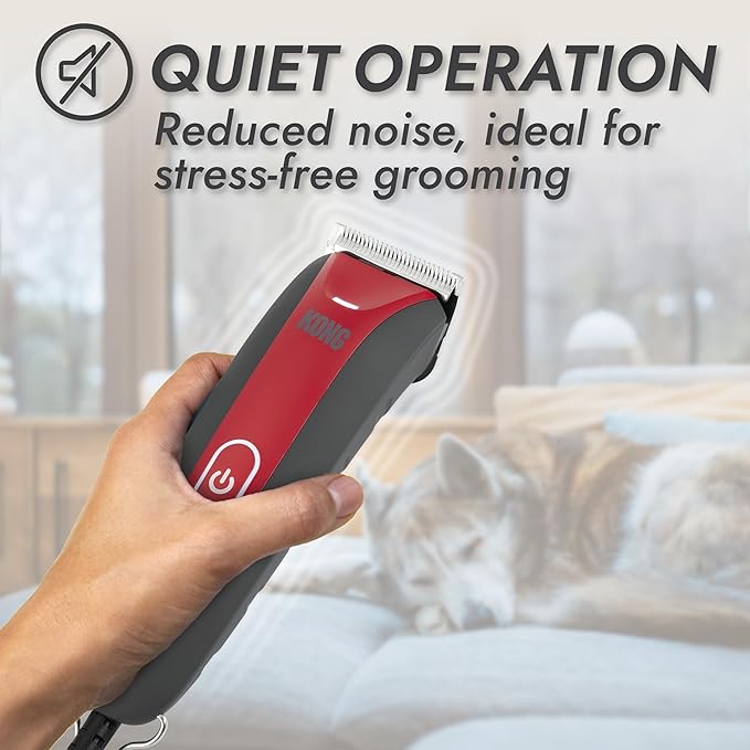 KONG 2-Speed Dog Clipper Grooming Kit – Stainless Steel Blade, Waterproof, LED Spotlight, 6 Guide Combs, 8-Foot Cord, Ergonomic Handle – Red/Gray, Medium Coat Types