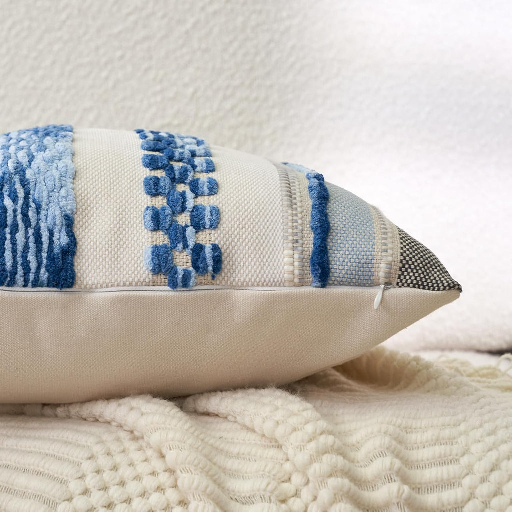 Aeckself Boho Throw Pillow Covers 18x18 Inch Set of 2, Farmhouse Decorative Striped Square Pillow Covers Chenille Tufted Pillow Cases Accent Neutral Pillowcase for Living Room Couch Bed, Sky Blue