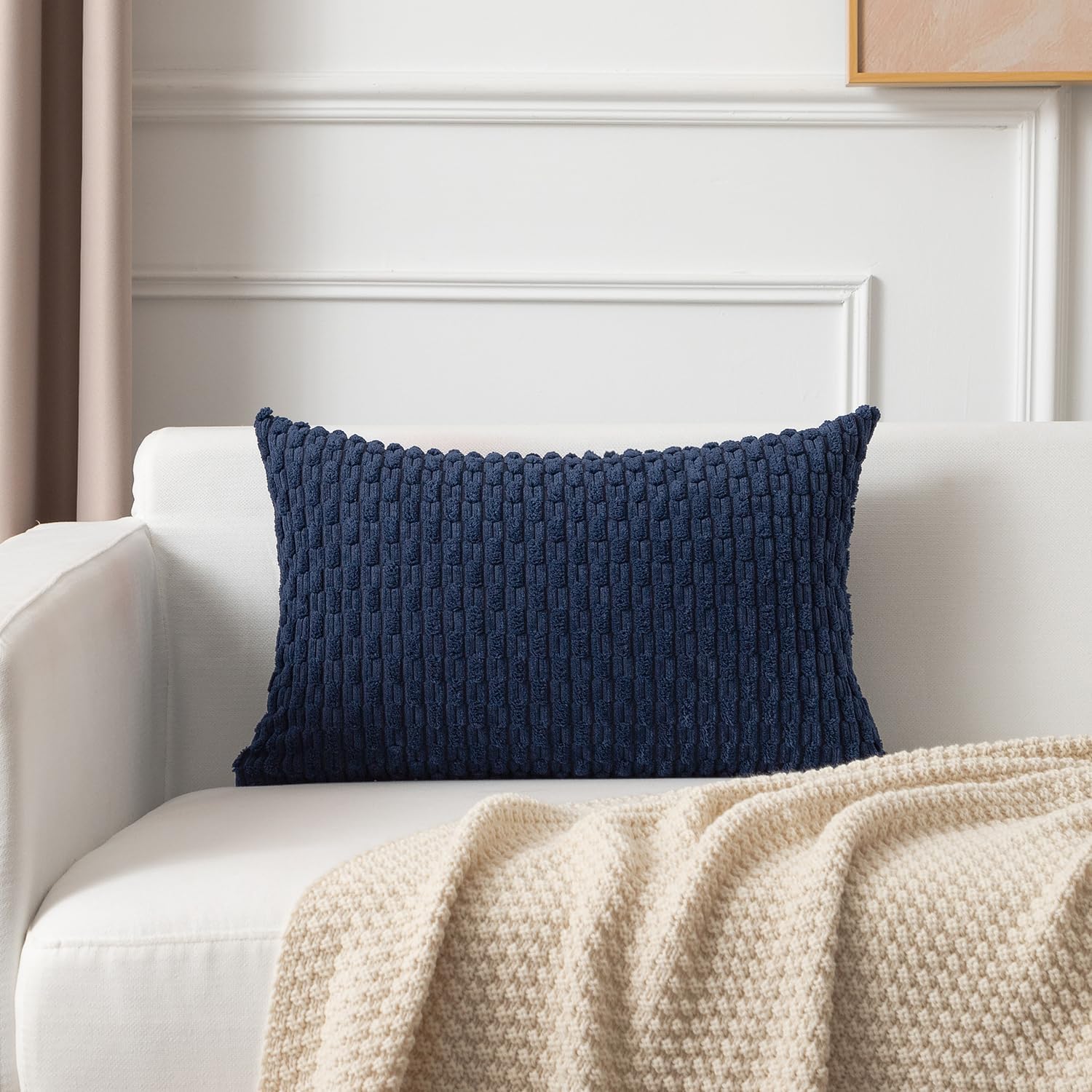 Kevin Textile 12x20 Inch Pillow Cover 1 Pack Boho Decorative Soft Striped Corduroy Lumbar Farmhouse Color Accent Rectangle Cushion Case for Living Room Couch Sofa Bed, Navy Blue