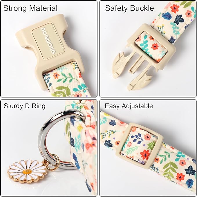 DOGWONG Spring Summer Floral Cotton Dog Collar, Pink Flower Dog Collar Durable Soft Fabric Pet Dog Collars Cute Girl Female Puppy Necklace for Small Medium Large Dogs