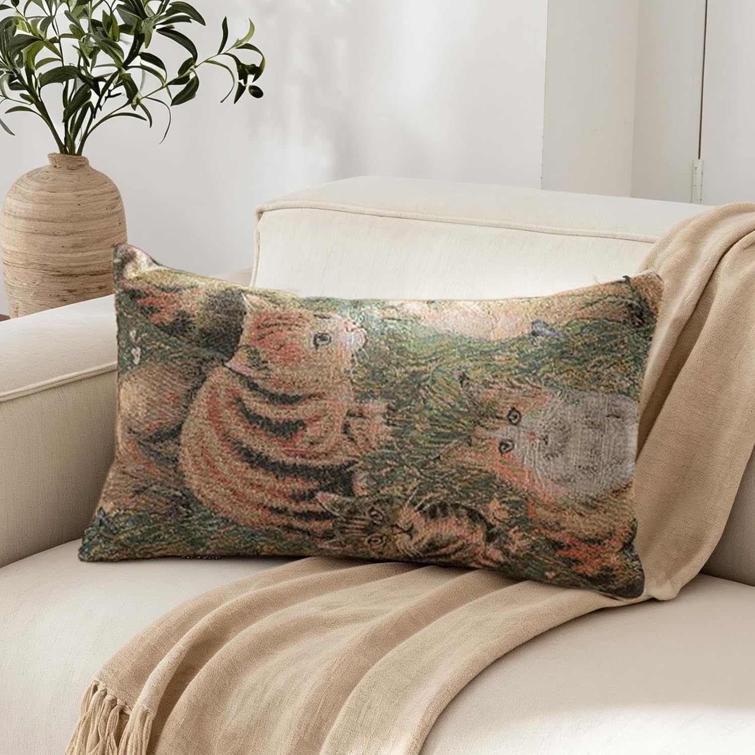 Cute Cat Garden Lumbar Throw Pillow Cover 12x 20, Art Painting Linen Pillow Cushion Cases, Farmhouse Decorative Pillows for Bed, Outdoor Couch Bedroom Car Green