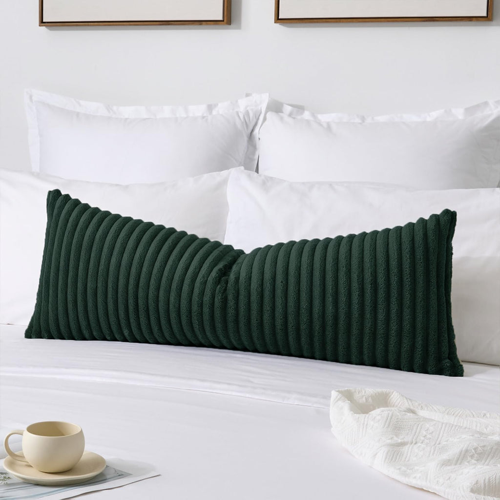 Kevin Textile Christmas Soft Plush 14x36 Inch Long Lumbar Pillow Cover 1 Pack, Luxury Fluffy Faux Fur Striped Flannel Rectangle Body Cushion Case for Couch Sofa Chair Bed Home Decor, Dark Green