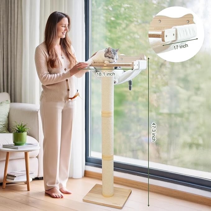 Cat Window Perch with Scratching Post, 47.3" Adjustable Cat Tall Scratching Posts &Upgraded Winter Cushion – Multi-Level Perch for Climbing, Bird Watching, and Play, Supports 50 lbs (Drilling-Free)