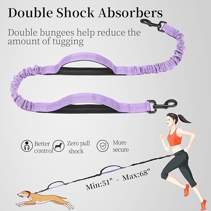 iYoShop Hands Free Dog Leash with Zipper Pouch, Dual Padded Handles and Durable Bungee for Walking, Jogging and Running Your Dog (Large, 25-120 lbs, Lavender)
