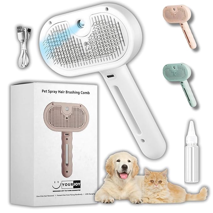 4 in 1 Cat Steam Brush: steam brush for cats, Grooming, Shedding, Mist Spray, Hair Removal Comb & Massager, USB Rechargeable Self Cleaning cat steam brushes for indoor cats - White